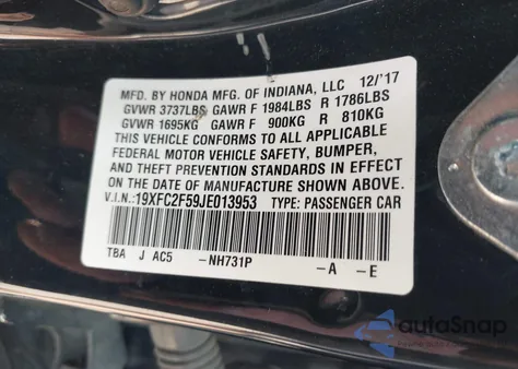 2018 Honda Civic Lx from USA, damaged, VIN 19XFC2F59JE013953